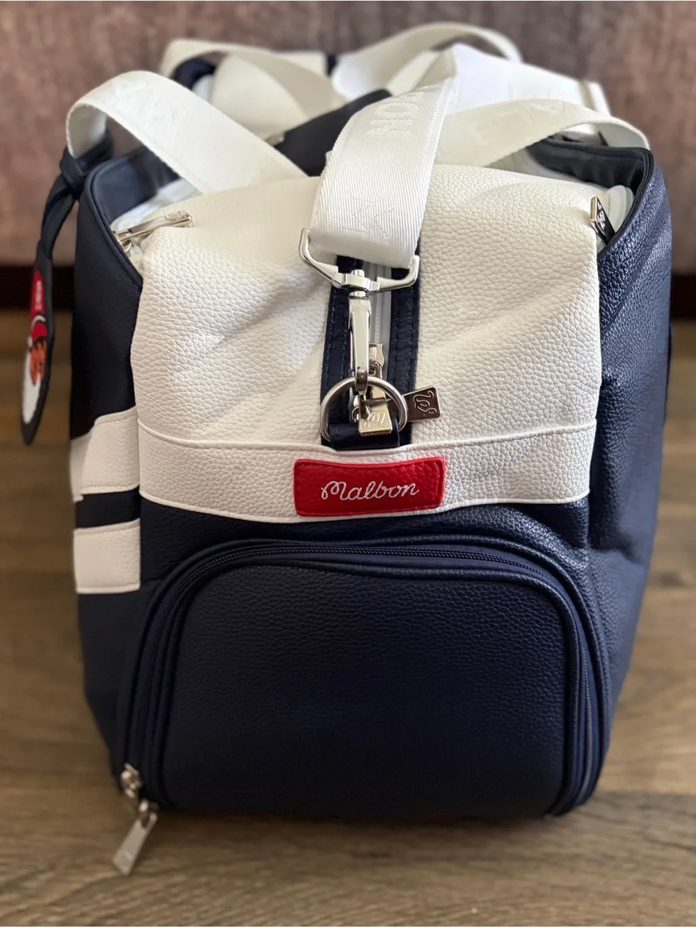 Malbon Navy and White Golf Duffle Bag with Patch Logo